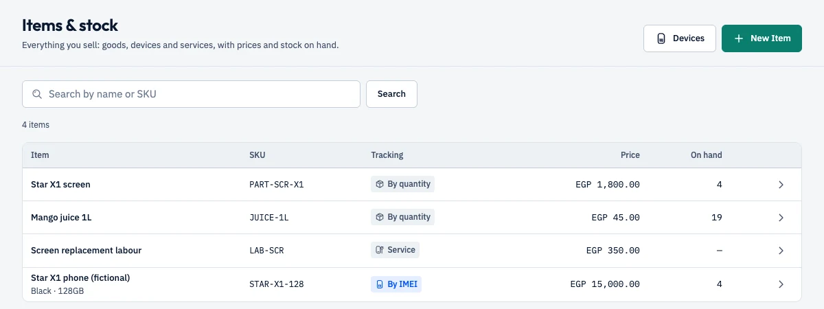 Items and stock screen: four items with code, tracking (by quantity, service, by IMEI), price and stock on hand.