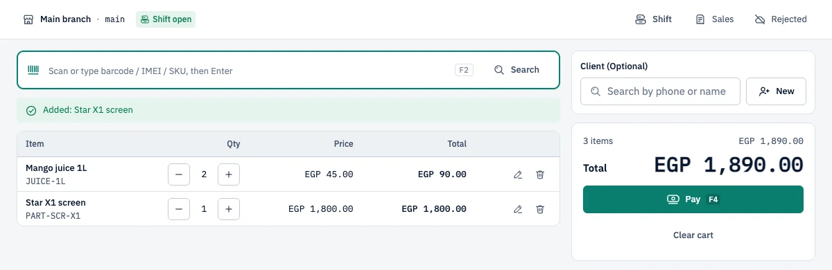 Point-of-sale screen: the scan field for barcode or IMEI, a cart with two items, the total and the Pay button.
