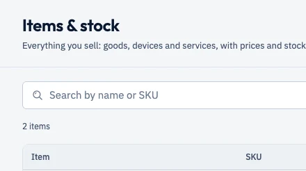 The items screen with the Supermarket template: the title reads “Items & stock” and the column “Item”.